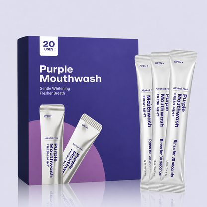 Purple mouthwash sachets with product box