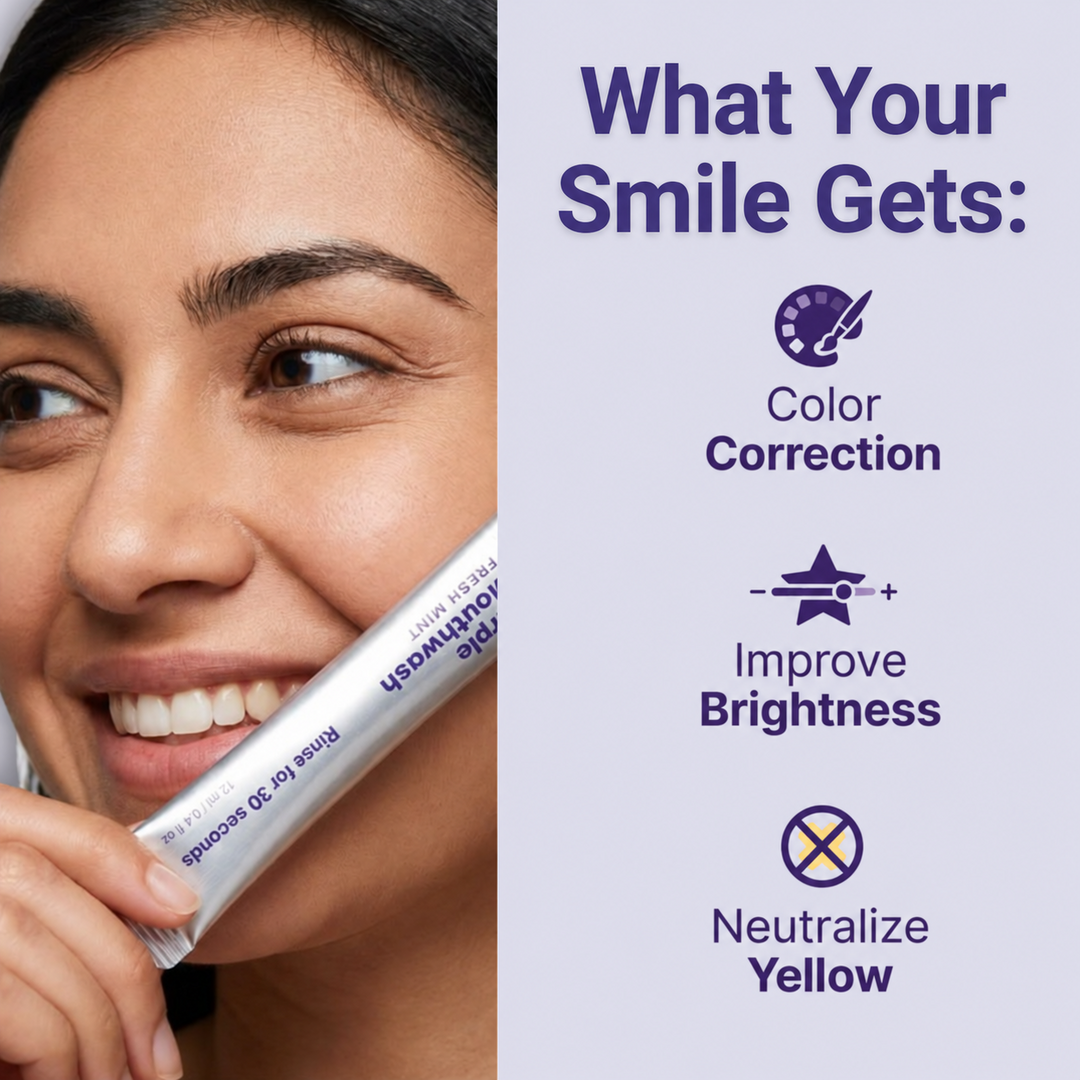 Person holding a purple mouthwash sachet